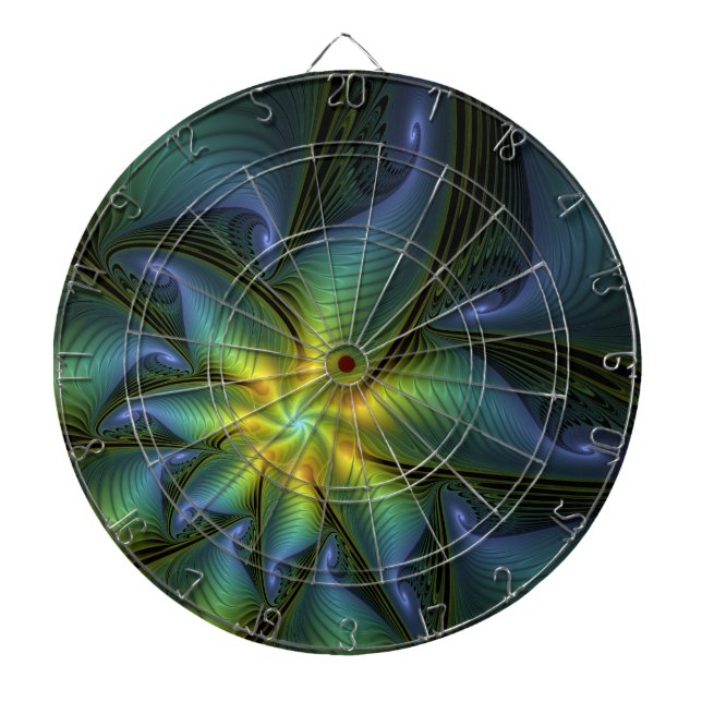 Abstract Star, Shiny Blue Green Golden Fractal Art Dartboard (Front)