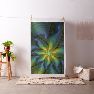 Abstract Star, Shiny Blue Green Golden Fractal Art Fabric