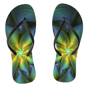 Abstract Star, Shiny Blue Green Golden Fractal Art Flip Flops