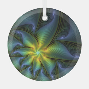 Abstract Star, Shiny Blue Green Golden Fractal Art Glass Tree Decoration