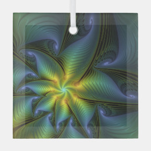 Abstract Star, Shiny Blue Green Golden Fractal Art Glass Tree Decoration
