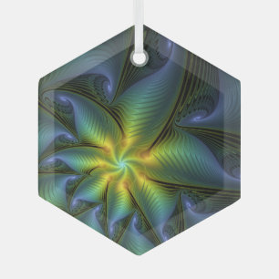 Abstract Star, Shiny Blue Green Golden Fractal Art Glass Tree Decoration