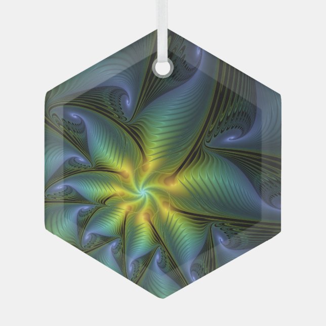 Abstract Star, Shiny Blue Green Golden Fractal Art Glass Tree Decoration (Front)