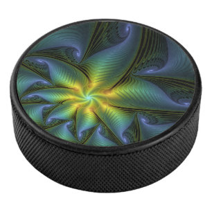 Abstract Star, Shiny Blue Green Golden Fractal Art Hockey Puck
