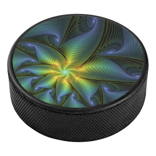 Abstract Star, Shiny Blue Green Golden Fractal Art Hockey Puck (3/4)