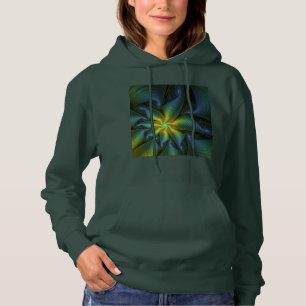 Abstract Star, Shiny Blue Green Golden Fractal Art Hoodie