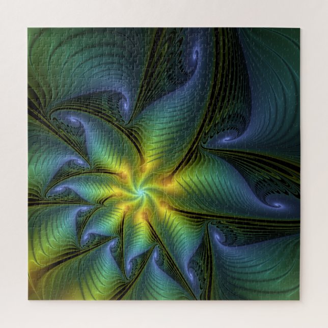 Abstract Star, Shiny Blue Green Golden Fractal Art Jigsaw Puzzle (Vertical)