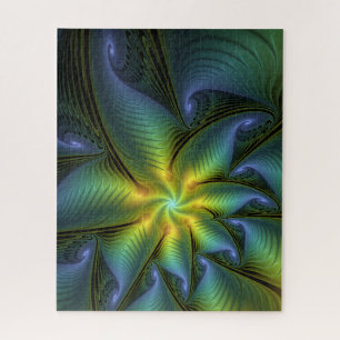 Abstract Star, Shiny Blue Green Golden Fractal Art Jigsaw Puzzle