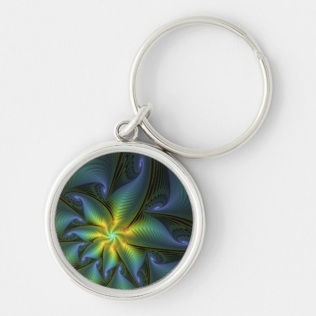 Abstract Star, Shiny Blue Green Golden Fractal Art Key Ring (Front)
