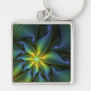Abstract Star, Shiny Blue Green Golden Fractal Art Key Ring