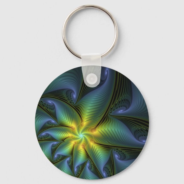 Abstract Star, Shiny Blue Green Golden Fractal Art Key Ring (Front)