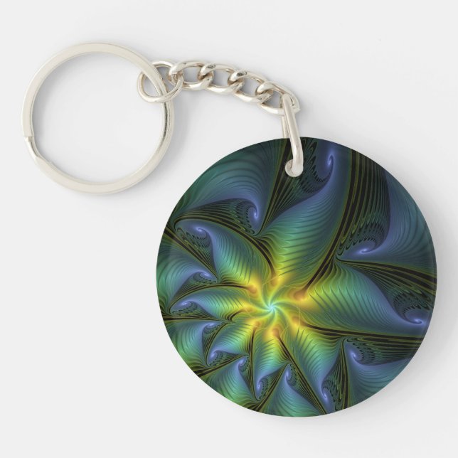 Abstract Star, Shiny Blue Green Golden Fractal Art Key Ring (Front)