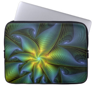 Abstract Star, Shiny Blue Green Golden Fractal Art Laptop Sleeve
