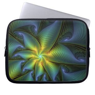 Abstract Star, Shiny Blue Green Golden Fractal Art Laptop Sleeve