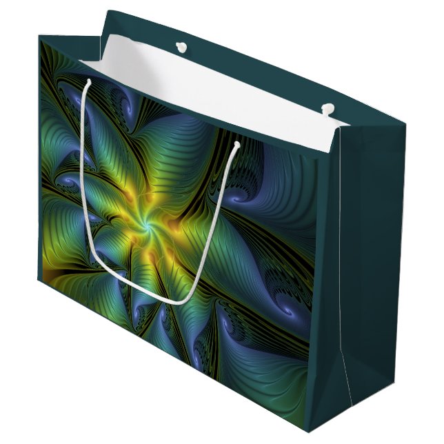Abstract Star, Shiny Blue Green Golden Fractal Art Large Gift Bag (Front Angled)