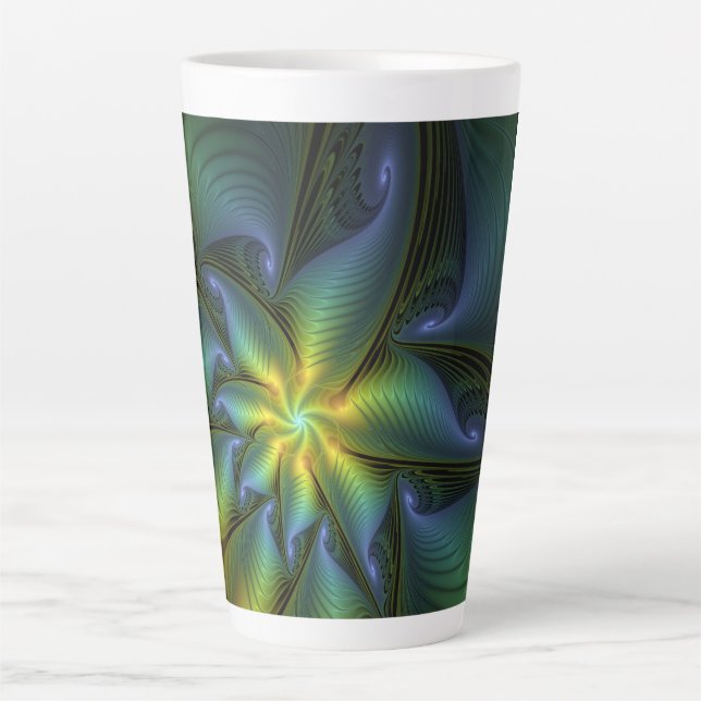 Abstract Star, Shiny Blue Green Golden Fractal Art Latte Mug (Front)