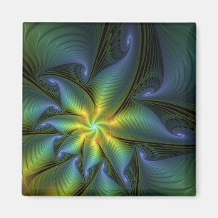 Abstract Star, Shiny Blue Green Golden Fractal Art Magnet