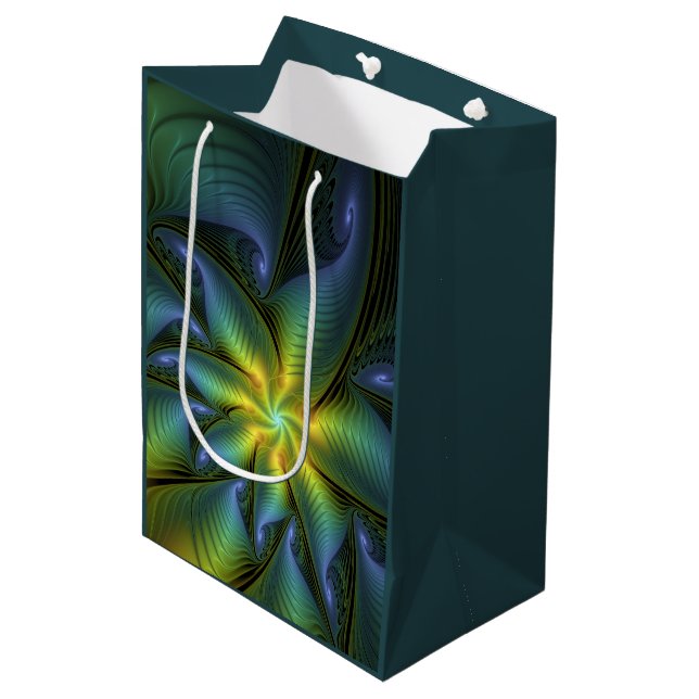 Abstract Star, Shiny Blue Green Golden Fractal Art Medium Gift Bag (Front Angled)