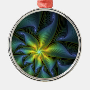 Abstract Star, Shiny Blue Green Golden Fractal Art Metal Tree Decoration