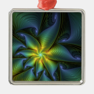 Abstract Star, Shiny Blue Green Golden Fractal Art Metal Tree Decoration