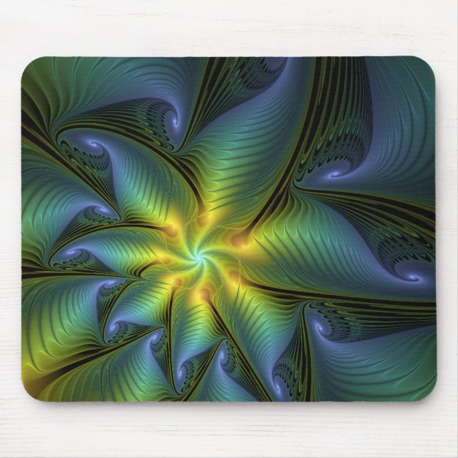 Abstract Star, Shiny Blue Green Golden Fractal Art Mouse Mat (Front)