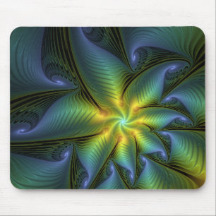 Abstract Star, Shiny Blue Green Golden Fractal Art Mouse Mat