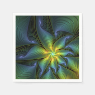 Abstract Star, Shiny Blue Green Golden Fractal Art Napkin