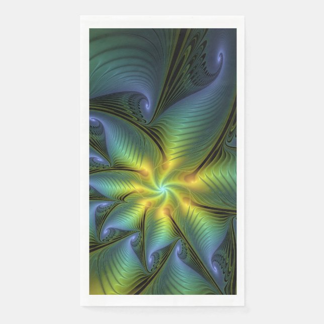 Abstract Star, Shiny Blue Green Golden Fractal Art Napkin (Front)