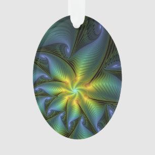 Abstract Star, Shiny Blue Green Golden Fractal Art Ornament