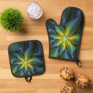Abstract Star, Shiny Blue Green Golden Fractal Art Oven Mitt & Pot Holder Set