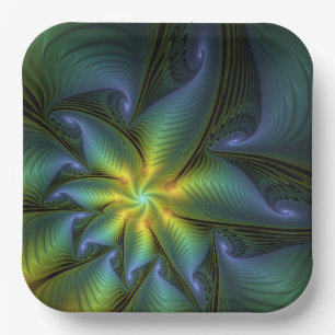 Abstract Star, Shiny Blue Green Golden Fractal Art Paper Plate