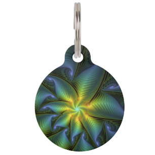 Abstract Star, Shiny Blue Green Golden Fractal Art Pet Tag