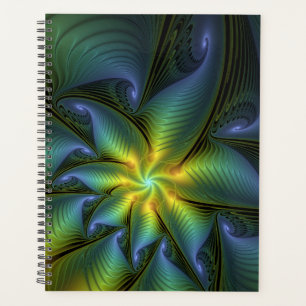 Abstract Star, Shiny Blue Green Golden Fractal Art Planner