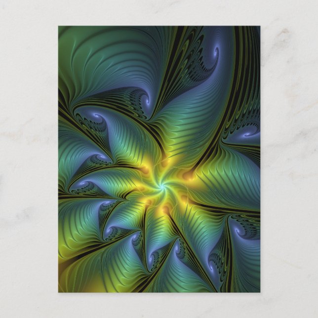 Abstract Star, Shiny Blue Green Golden Fractal Art Postcard (Front)