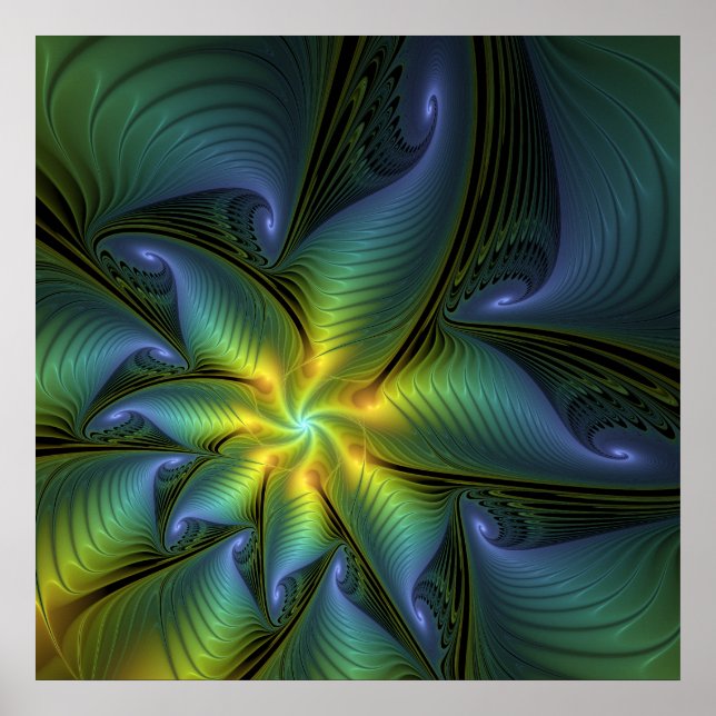 Abstract Star, Shiny Blue Green Golden Fractal Art Poster (Front)