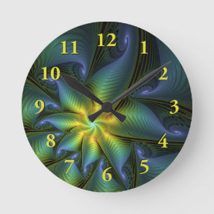 Abstract Star, Shiny Blue Green Golden Fractal Art Round Clock