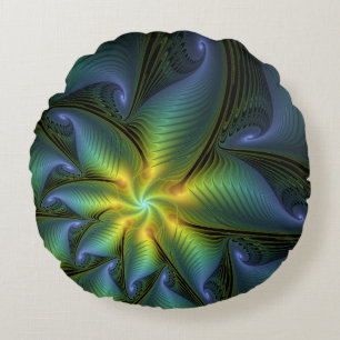 Abstract Star, Shiny Blue Green Golden Fractal Art Round Cushion