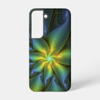 Abstract Star, Shiny Blue Green Golden Fractal Art