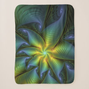 Abstract Star, Shiny Blue Green Golden Fractal Art Sherpa Blanket