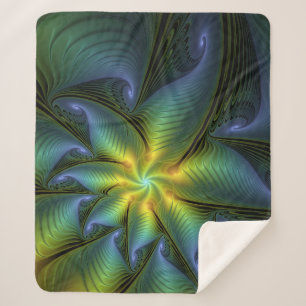 Abstract Star, Shiny Blue Green Golden Fractal Art Sherpa Blanket