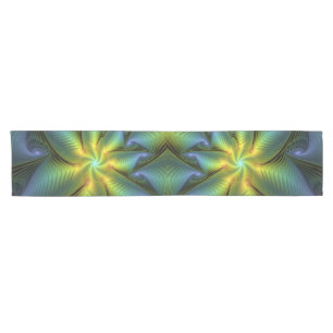 Abstract Star, Shiny Blue Green Golden Fractal Art Short Table Runner
