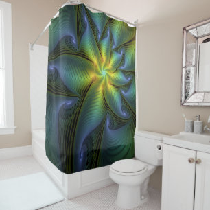 Abstract Star, Shiny Blue Green Golden Fractal Art Shower Curtain
