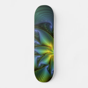 Abstract Star, Shiny Blue Green Golden Fractal Art Skateboard