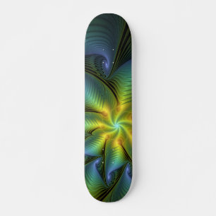 Abstract Star, Shiny Blue Green Golden Fractal Art Skateboard