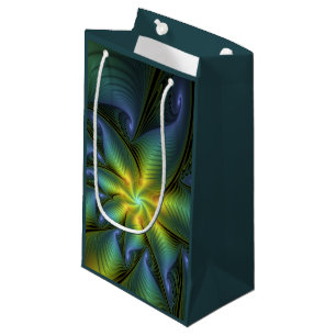 Abstract Star, Shiny Blue Green Golden Fractal Art Small Gift Bag