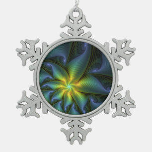Abstract Star, Shiny Blue Green Golden Fractal Art Snowflake Pewter Christmas Ornament