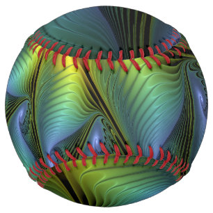 Abstract Star, Shiny Blue Green Golden Fractal Art Softball