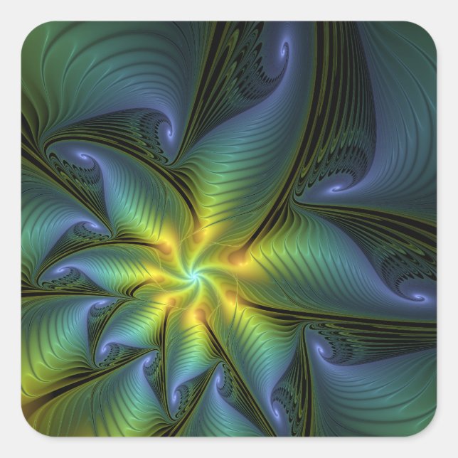 Abstract Star, Shiny Blue Green Golden Fractal Art Square Sticker (Front)