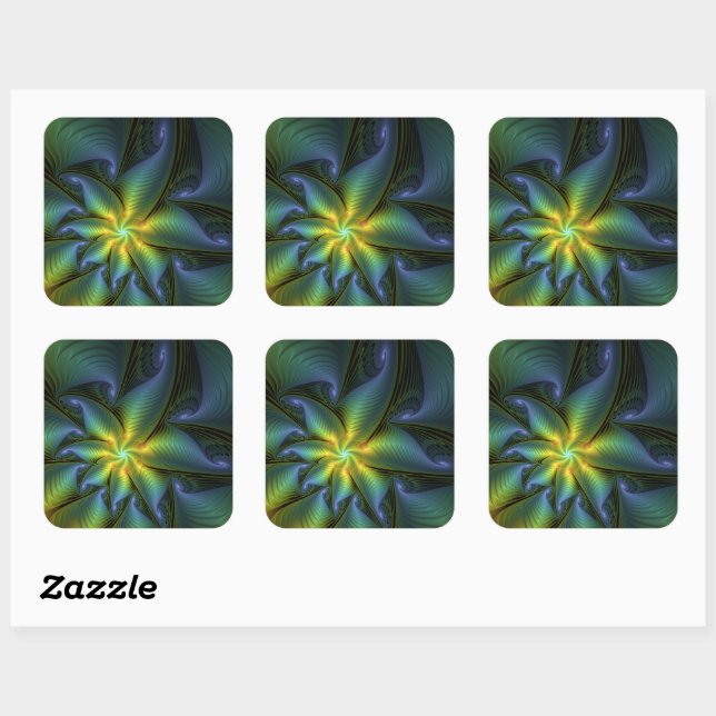 Abstract Star, Shiny Blue Green Golden Fractal Art Square Sticker (Sheet)