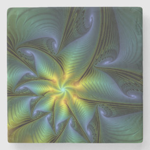 Abstract Star, Shiny Blue Green Golden Fractal Art Stone Coaster